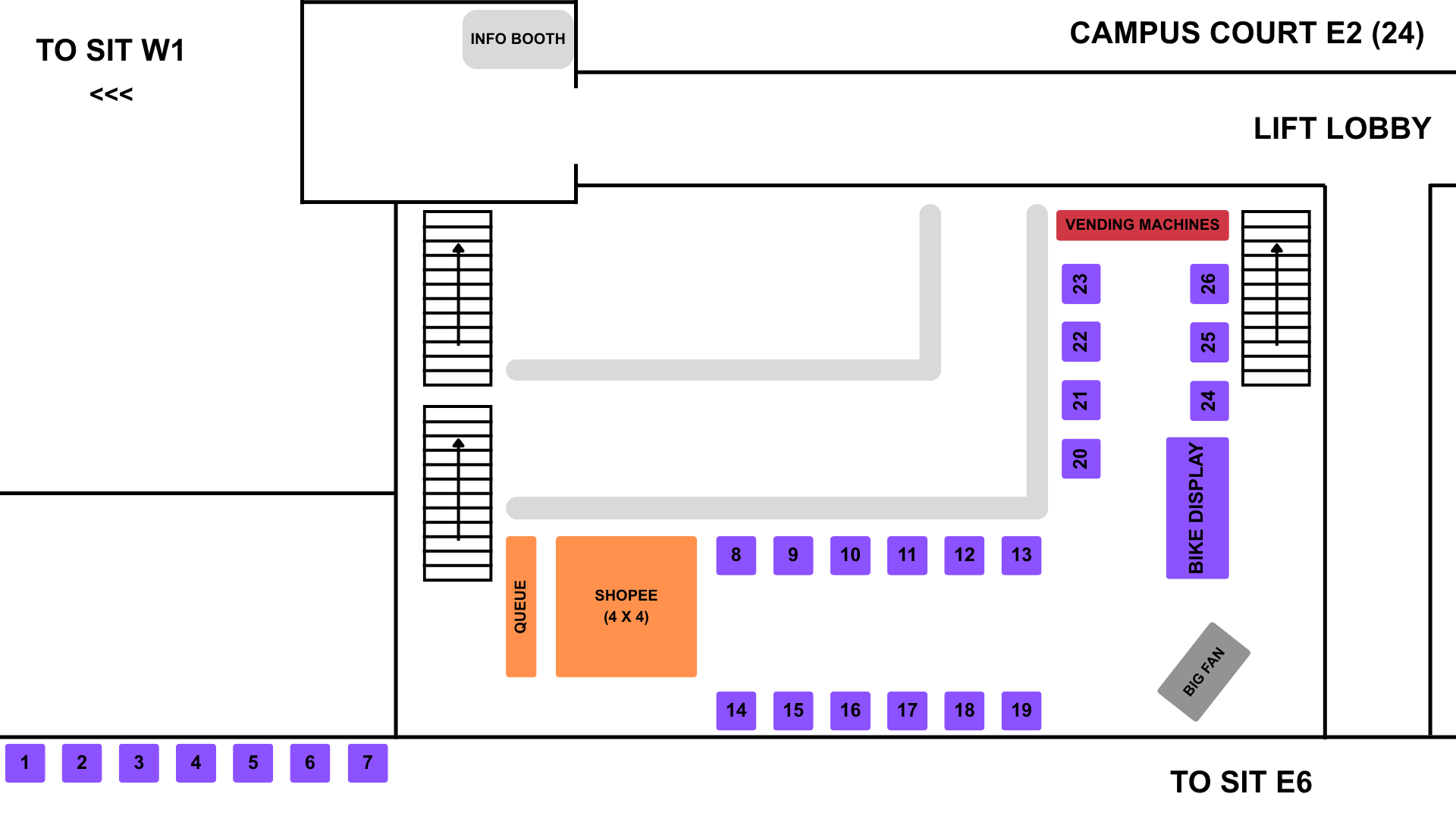 Campus Court E2 booth layout showing the info booth, Shopee booth, vending machines and booths 1 to 26.