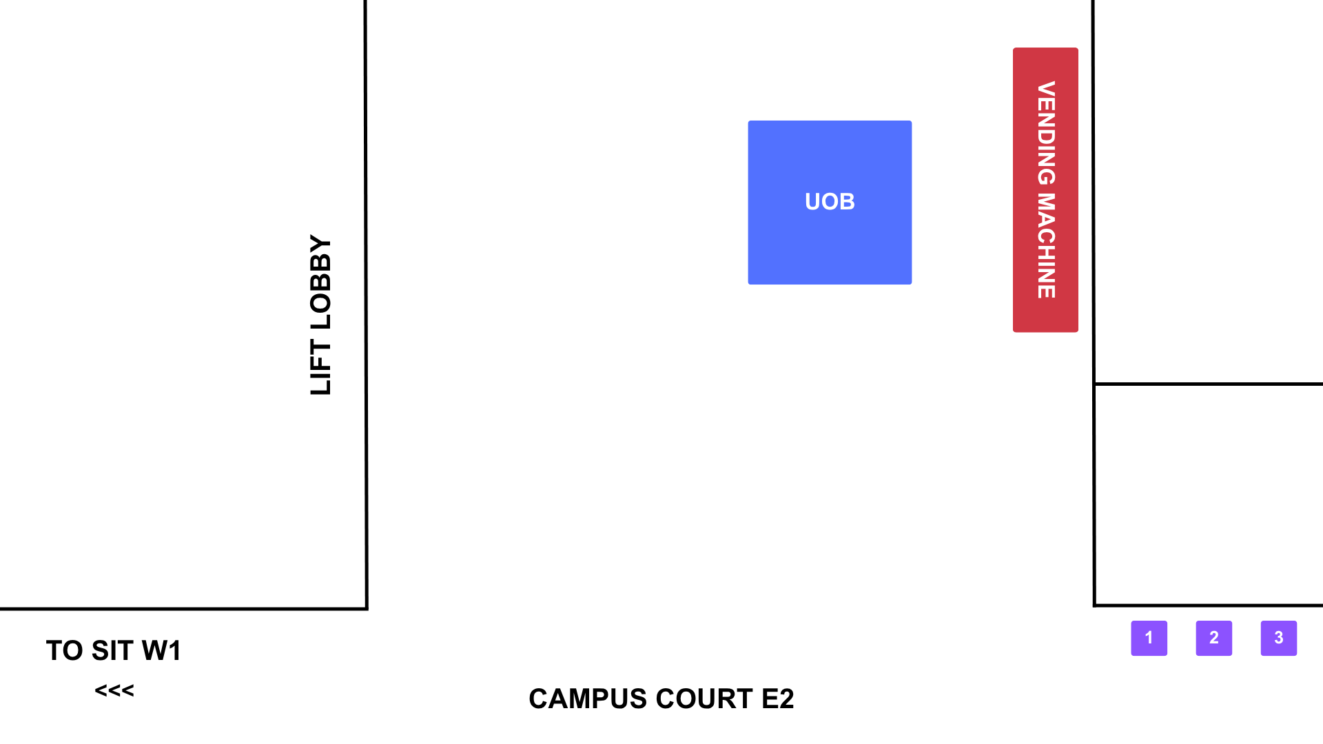 Campus Court E2 overview map showing the UOB booth, vending machine, lift lobby and booths 1 to 3.