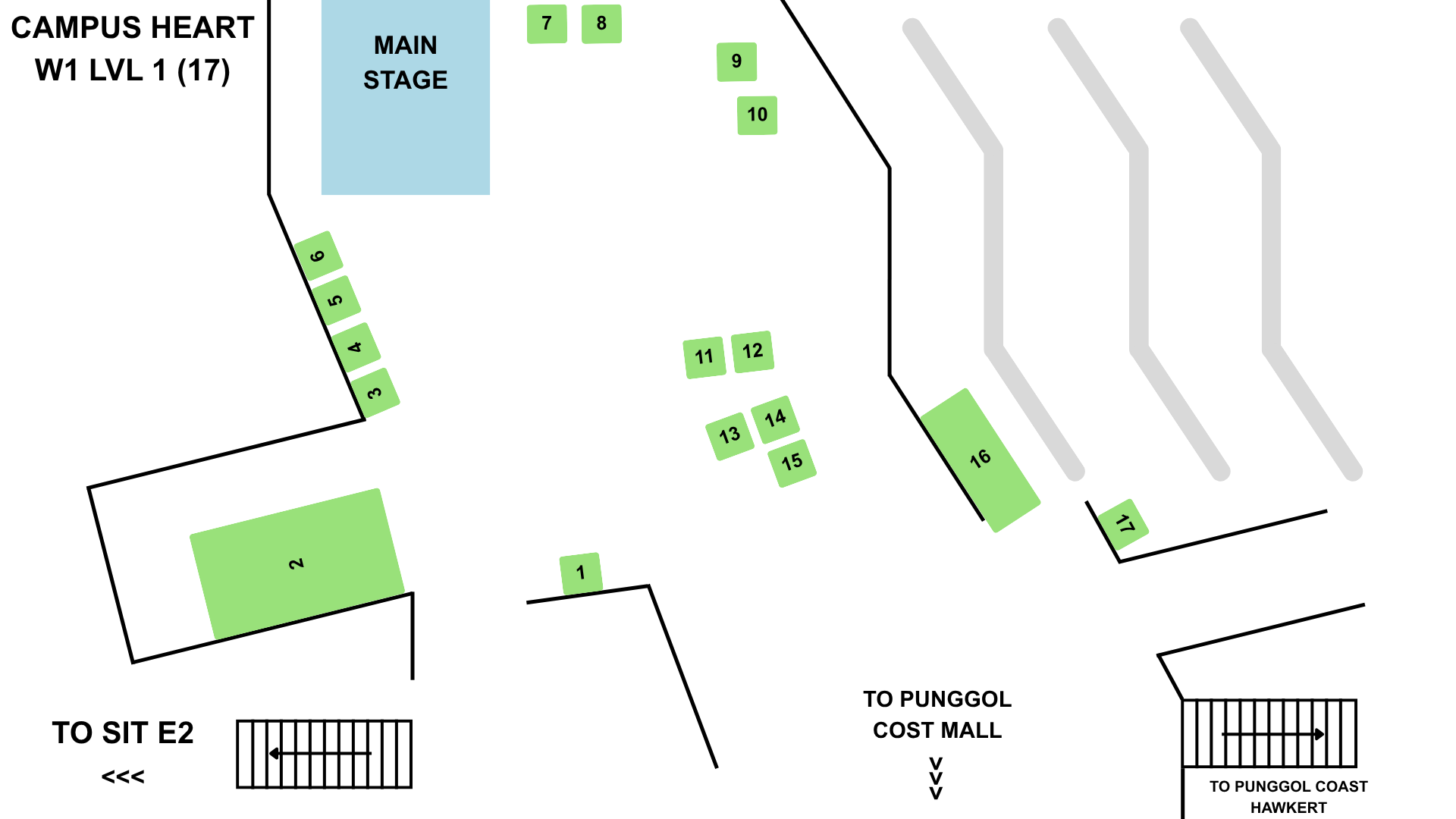 Campus Heart W1 Level 1 map showing main stage and booths 1 to 17.