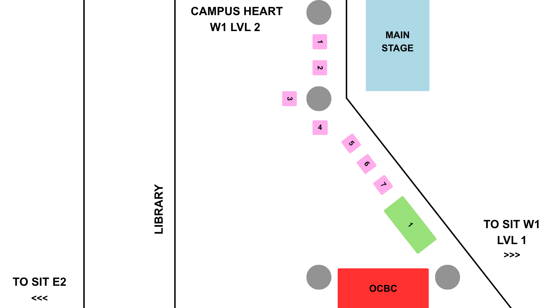 Campus Heart W1 Level 2 map showing main stage, OCBC, library and booths 1 to 7.